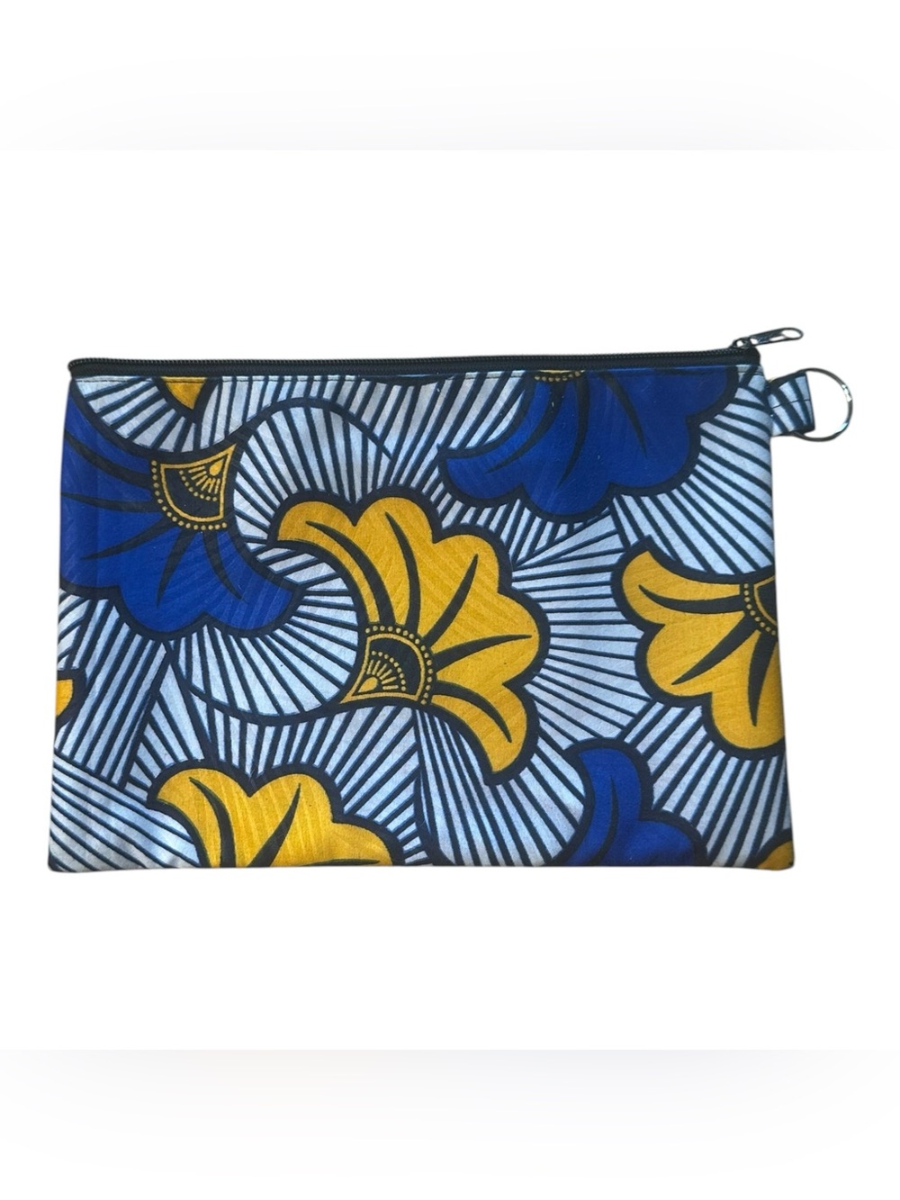 Handmade Côte d’Ivoire African Wax Print Zipper Pouch Blue Yellow Fabric Bag